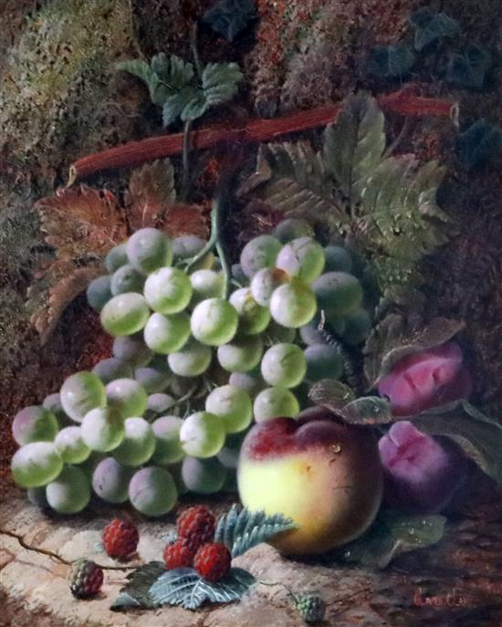 Oliver Clare (1853-1927) Still lifes of grapes, plums, peaches, strawberries and raspberries 12.5 x 10.5in.
